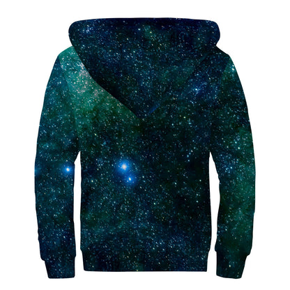 Dark Green Galaxy Space Print Sherpa Lined Zip Up Hoodie