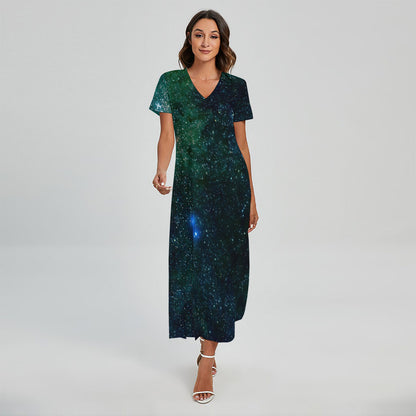 Dark Green Galaxy Space Print Short Sleeve Maxi Dress