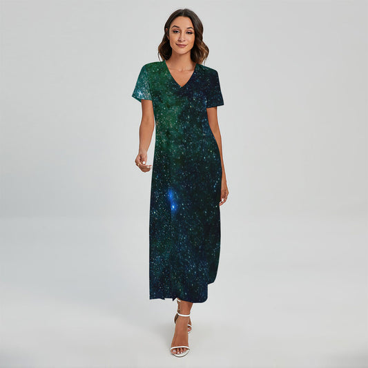 Dark Green Galaxy Space Print Short Sleeve Maxi Dress