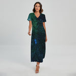 Dark Green Galaxy Space Print Short Sleeve Maxi Dress