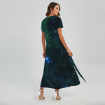 Dark Green Galaxy Space Print Short Sleeve Maxi Dress
