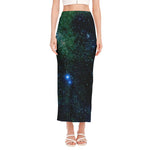 Dark Green Galaxy Space Print Side Slit Maxi Skirt