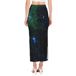 Dark Green Galaxy Space Print Side Slit Maxi Skirt