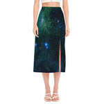 Dark Green Galaxy Space Print Side Slit Midi Skirt