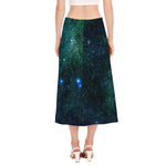 Dark Green Galaxy Space Print Side Slit Midi Skirt