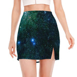 Dark Green Galaxy Space Print Side Slit Mini Skirt