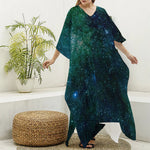 Dark Green Galaxy Space Print Silk V-Neck Kaftan Dress