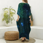 Dark Green Galaxy Space Print Silk V-Neck Kaftan Dress