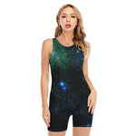 Dark Green Galaxy Space Print Sleeveless One Piece Swimsuit