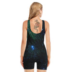 Dark Green Galaxy Space Print Sleeveless One Piece Swimsuit