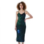 Dark Green Galaxy Space Print Slim Fit Midi Cami Dress