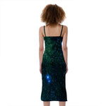 Dark Green Galaxy Space Print Slim Fit Midi Cami Dress