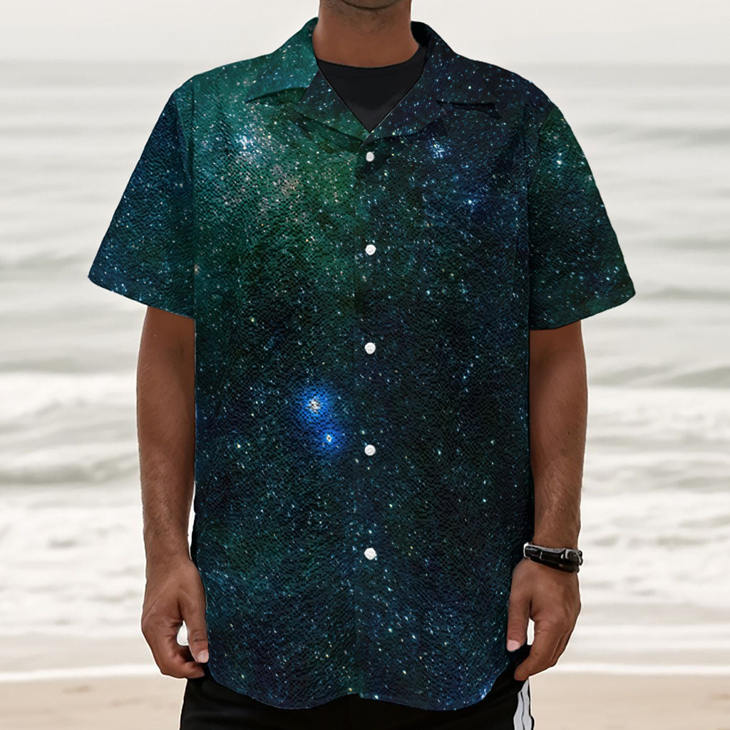 Dark Green Galaxy Space Print Textured Short Sleeve Shirt