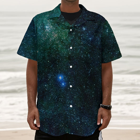 Dark Green Galaxy Space Print Textured Short Sleeve Shirt