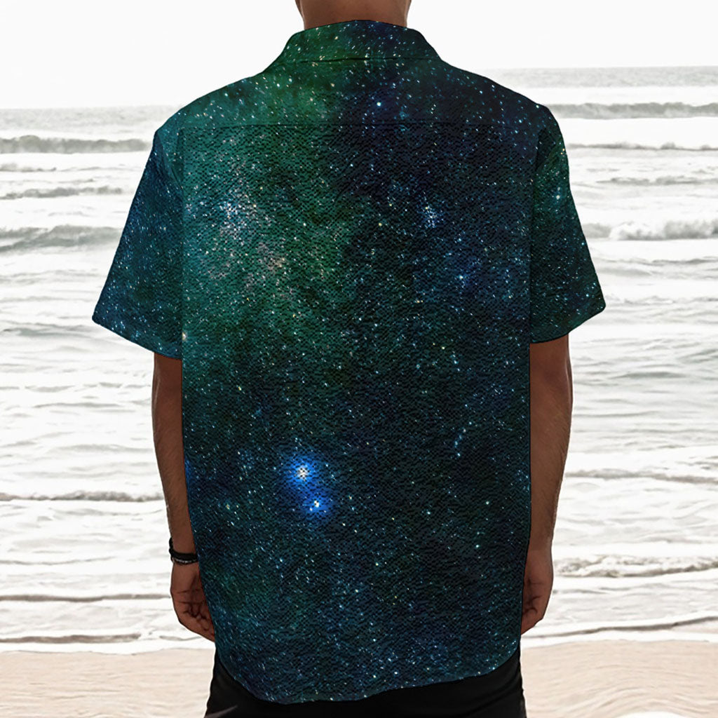 Dark Green Galaxy Space Print Textured Short Sleeve Shirt