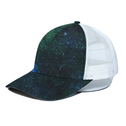 Dark Green Galaxy Space Print White Mesh Trucker Cap