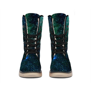 Dark Green Galaxy Space Print Winter Boots