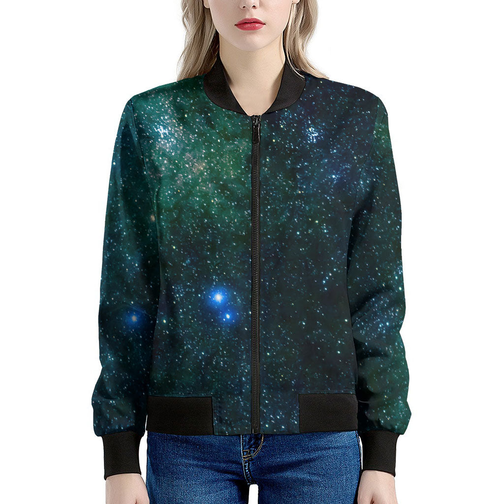 Dark Green Galaxy Space Print Women's Bomber Jacket