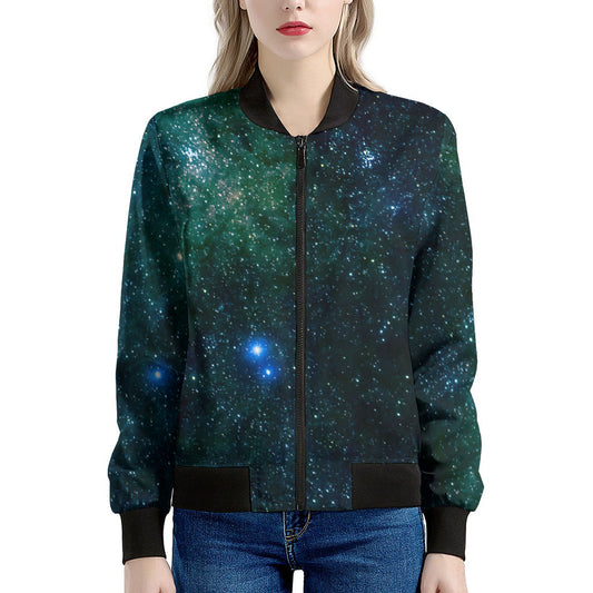 Dark Green Galaxy Space Print Women's Bomber Jacket