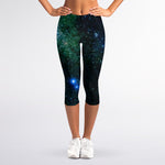 Dark Green Galaxy Space Print Women's Capri Leggings