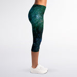 Dark Green Galaxy Space Print Women's Capri Leggings