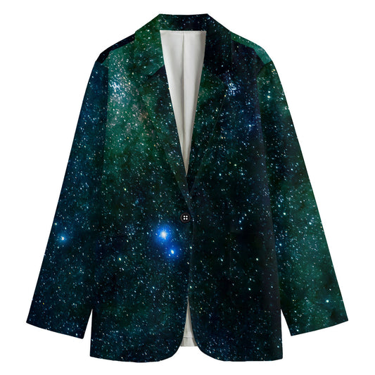 Dark Green Galaxy Space Print Women's Cotton Blazer