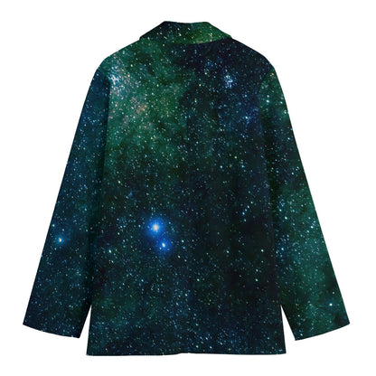 Dark Green Galaxy Space Print Women's Cotton Blazer