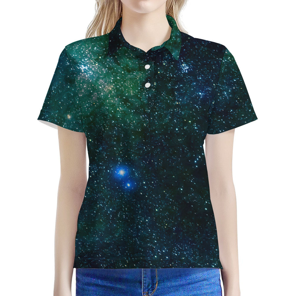 Dark Green Galaxy Space Print Women's Polo Shirt