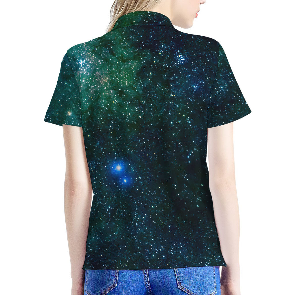 Dark Green Galaxy Space Print Women's Polo Shirt