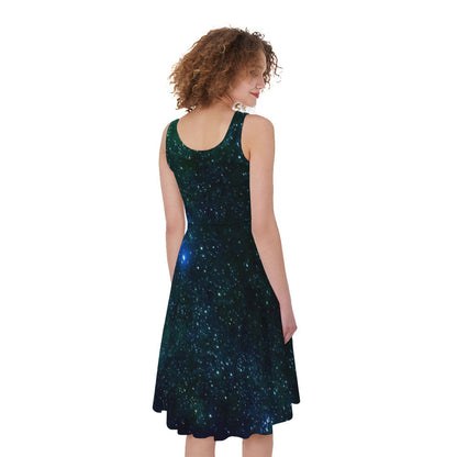 Dark Green Galaxy Space Print Women's Sleeveless Dress