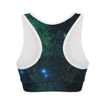 Dark Green Galaxy Space Print Women's Sports Bra