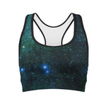 Dark Green Galaxy Space Print Women's Sports Bra