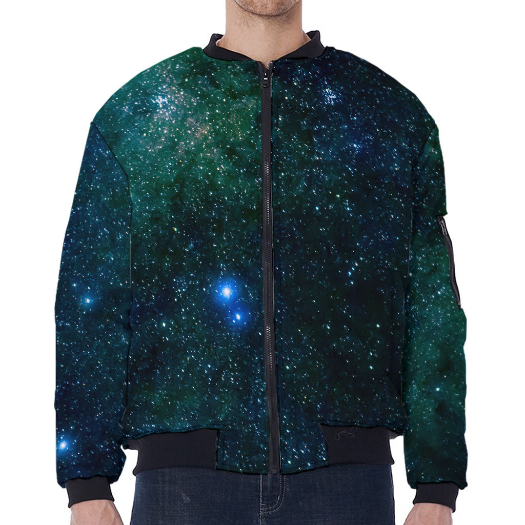 Dark Green Galaxy Space Print Zip Sleeve Bomber Jacket