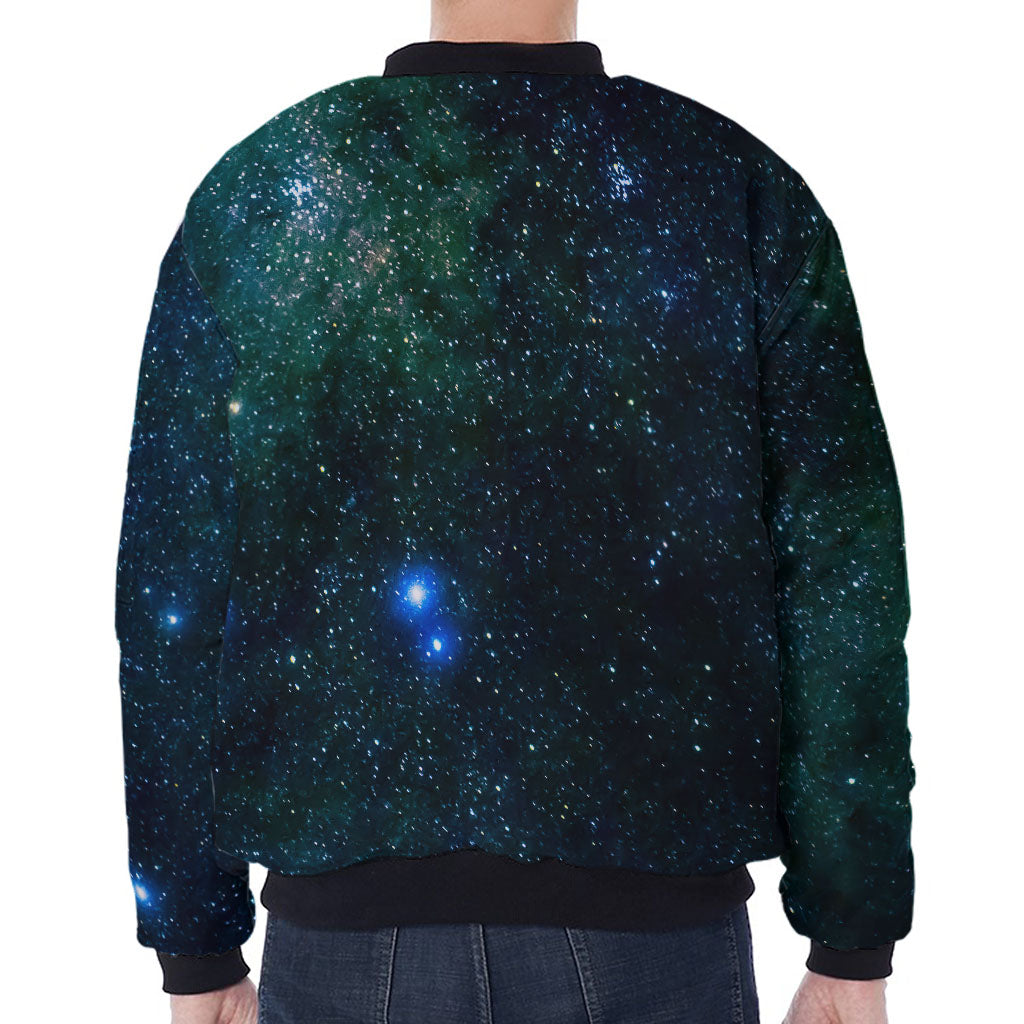 Dark Green Galaxy Space Print Zip Sleeve Bomber Jacket