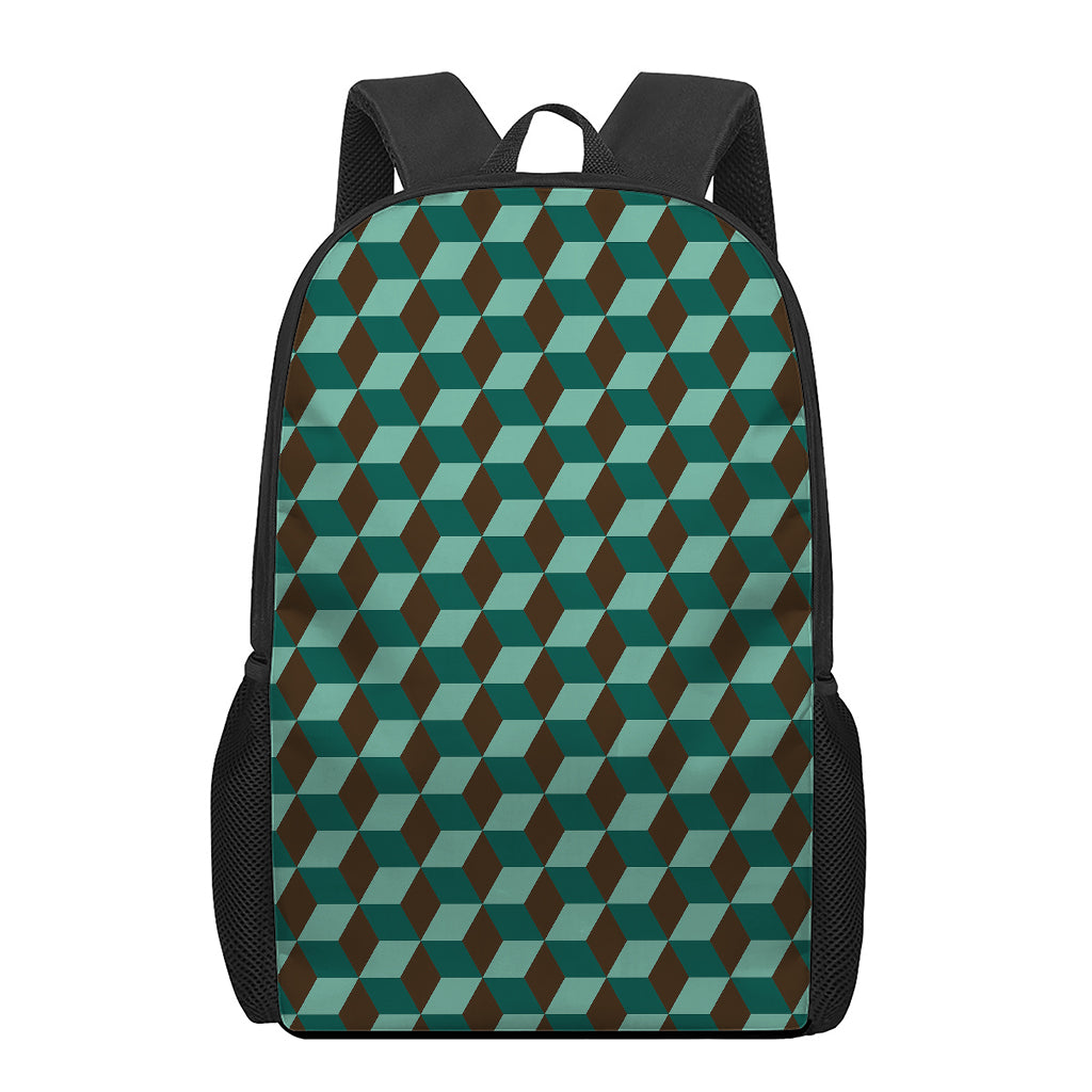 Dark Green Geometric Cube Pattern Print 17 Inch Backpack