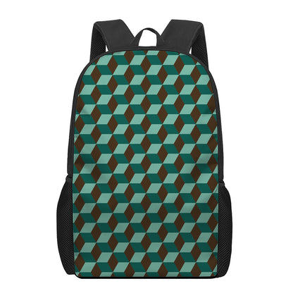 Dark Green Geometric Cube Pattern Print 17 Inch Backpack