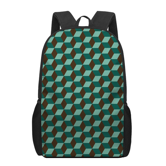 Dark Green Geometric Cube Pattern Print 17 Inch Backpack