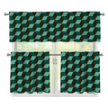 Dark Green Geometric Cube Pattern Print 3 Piece Kitchen Curtains