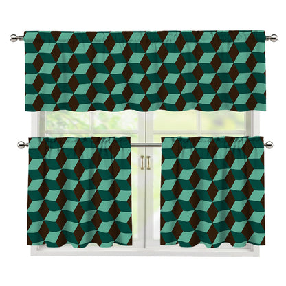 Dark Green Geometric Cube Pattern Print 3 Piece Kitchen Curtains