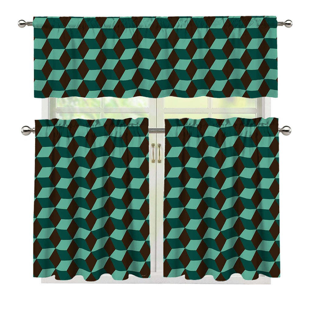 Dark Green Geometric Cube Pattern Print 3 Piece Kitchen Curtains