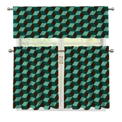 Dark Green Geometric Cube Pattern Print 3 Piece Kitchen Curtains