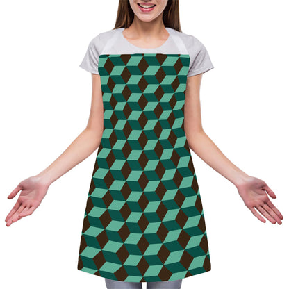 Dark Green Geometric Cube Pattern Print Adjustable Apron