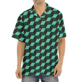 Dark Green Geometric Cube Pattern Print Aloha Shirt