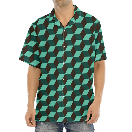 Dark Green Geometric Cube Pattern Print Aloha Shirt