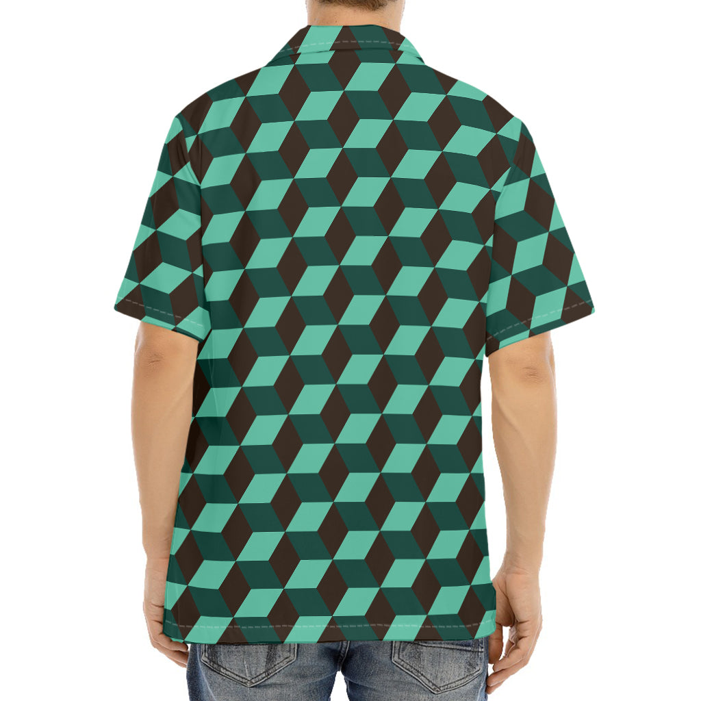 Dark Green Geometric Cube Pattern Print Aloha Shirt