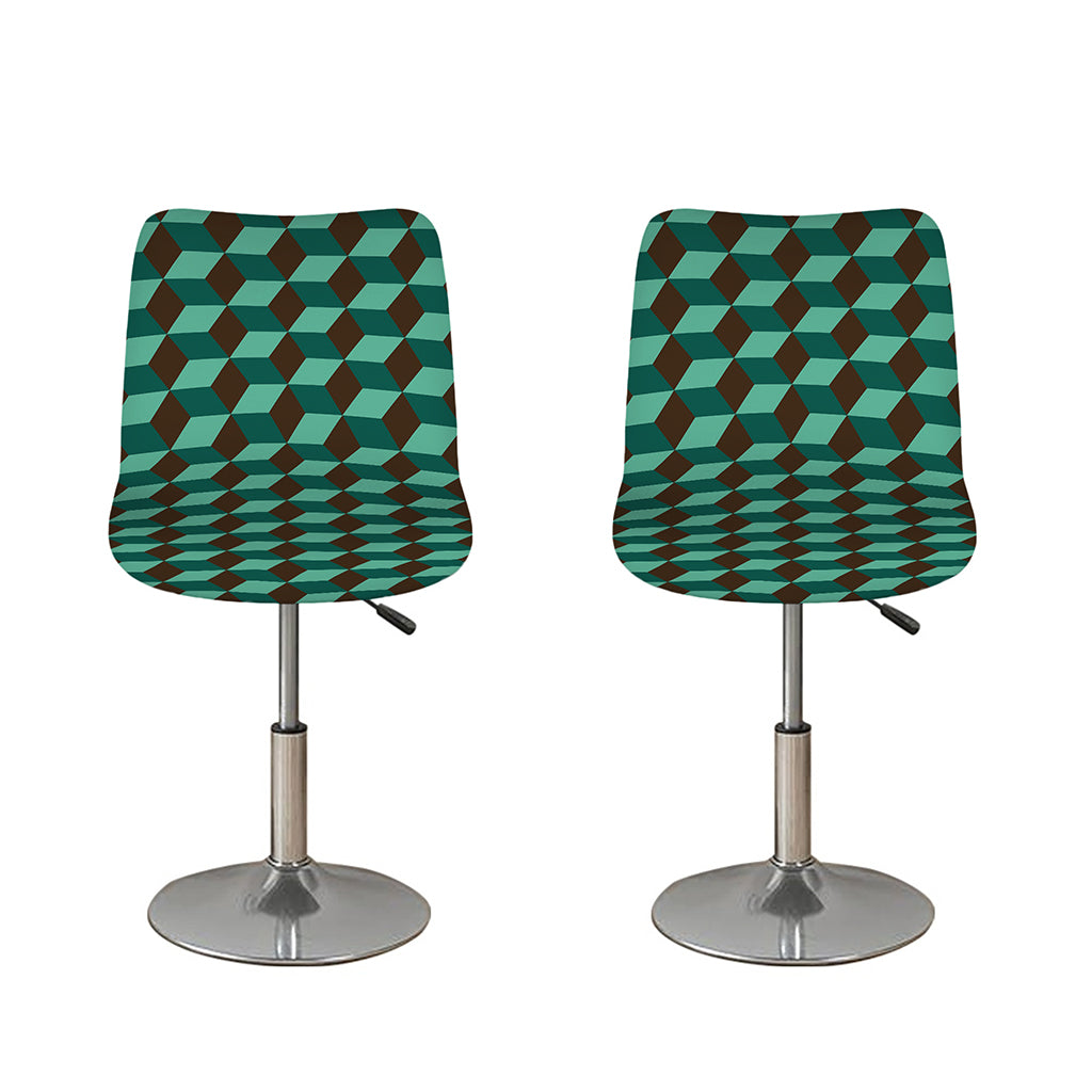 Dark Green Geometric Cube Pattern Print Bar Stool Covers