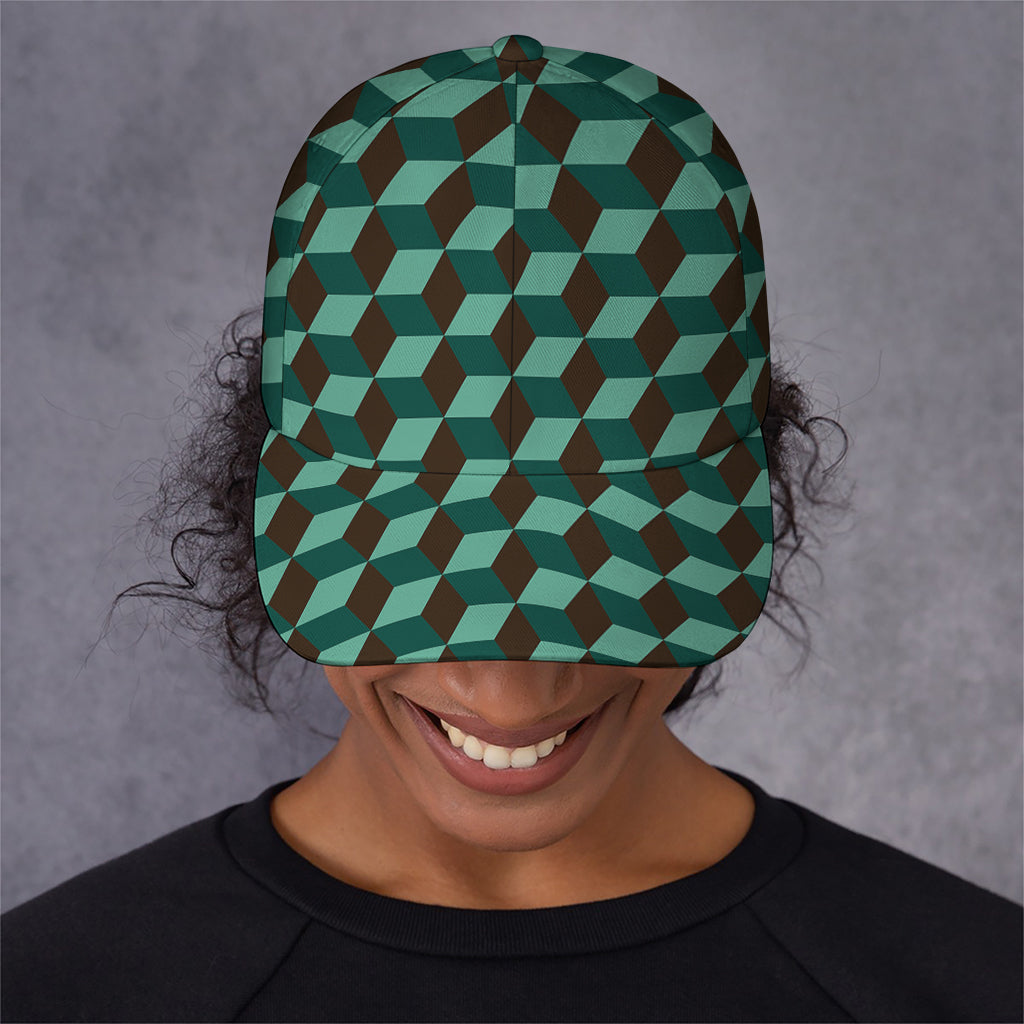 Dark Green Geometric Cube Pattern Print Baseball Cap