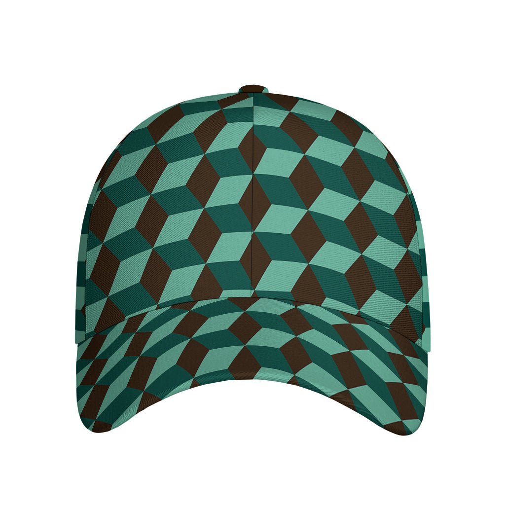 Dark Green Geometric Cube Pattern Print Baseball Cap