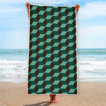 Dark Green Geometric Cube Pattern Print Beach Towel
