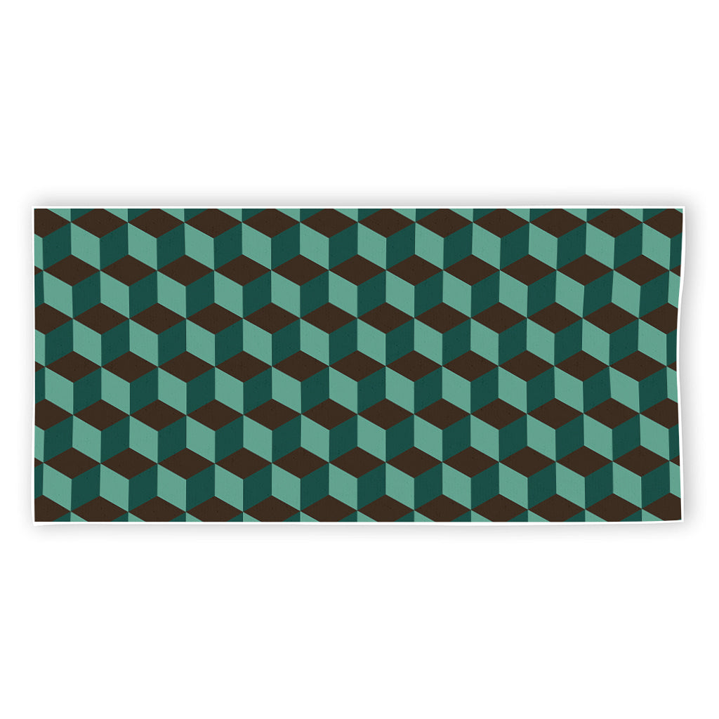 Dark Green Geometric Cube Pattern Print Beach Towel